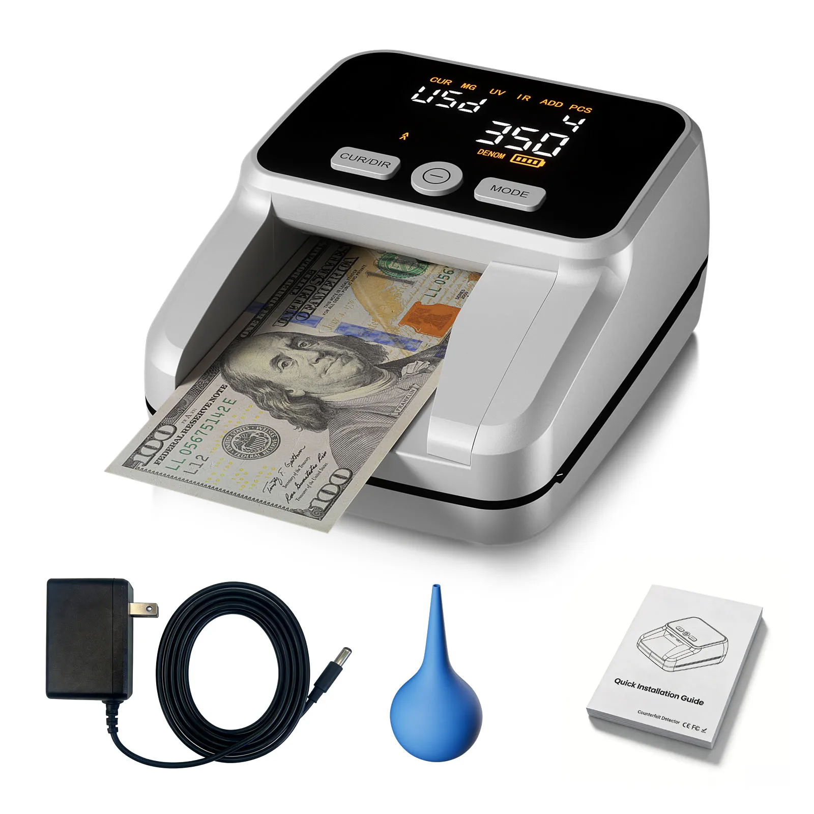 

Portable Counterfeit Money Detector with MG/UV/IR Detection | 2.8" LED Display & Compact Design for USD, EUR | Rechargeable Batt