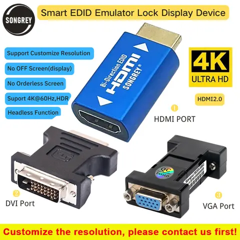SONGREY HDMI EDID 에뮬레이터 패스스루 어댑터 남성 및 여성 더블 헤드 더미 플러그 고스트 디스플레이 4세대 HDMI 2.0 4K HD 익스텐더/KVM 스위치/AV 수신기/비디오 분배기/Xbox 게임용