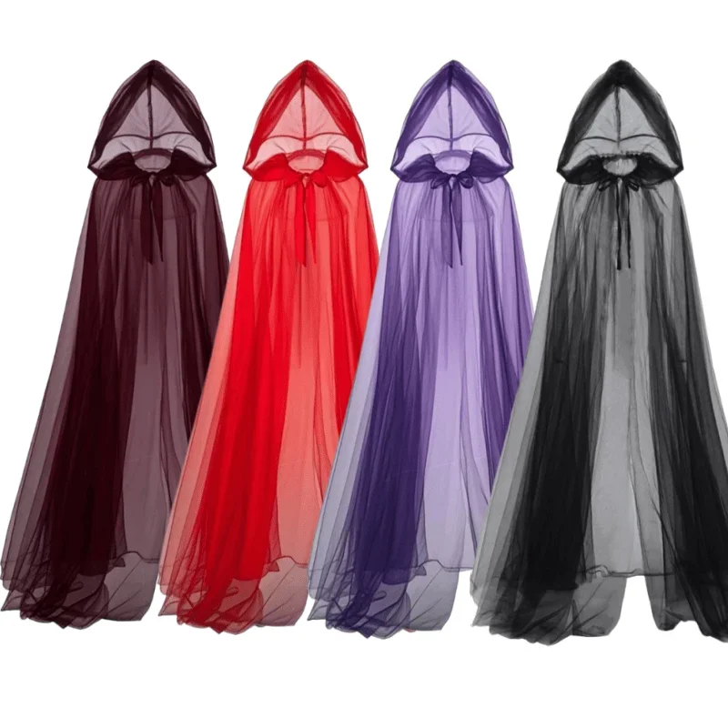 أزياء الهالوين التأثيرية بقلنسوة كيب غريم ريبر الساحرة شبكة طويلة كيب حفلة الرقص