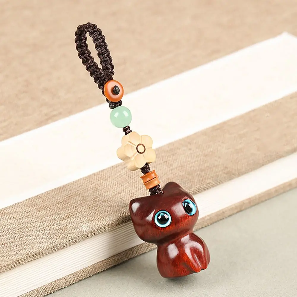 

Car Key Charms Decoration Chinese Style Pendant Sandalwood Key Chain Mobile Phone Ring Key Chain Strap Lucky Cat Pendant