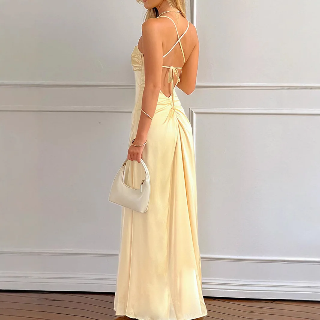 

Sexy backless suspender slim yellow dress fashionable simple versatile temperament elegant vacation style high-end dress