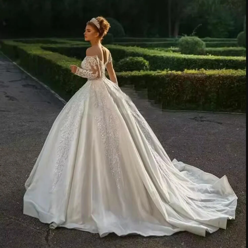 Laço apliques de cetim princesa vestidos de casamento para noiva traje vestidos de novia o pescoço mangas compridas vestidos de noiva personalizados