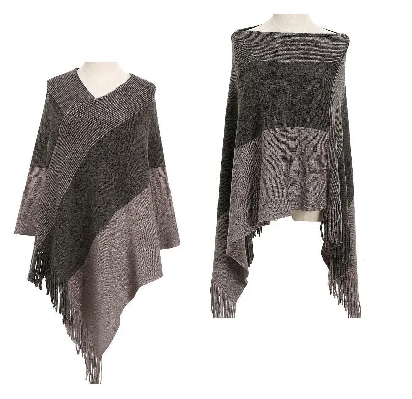 New Autumn Winter Knitted Shawl Women's Spring  Multipurpose Pullover Cape  Warm Tassel Cape Lady Stripe Ponchos Gray P7