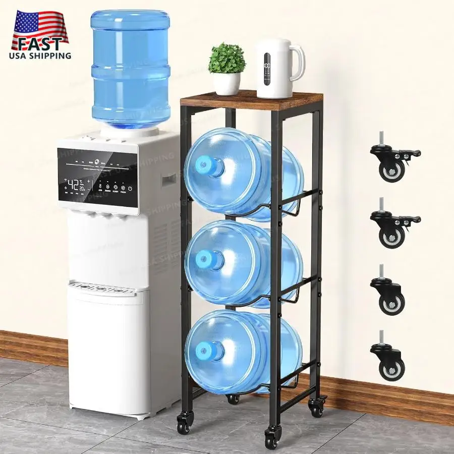 5 Gallon Water Bottle Jug Holder 3-Tier Water Bottle Holder Organizer with Lockable Casters Heavy Duty Water Storage Rack Water