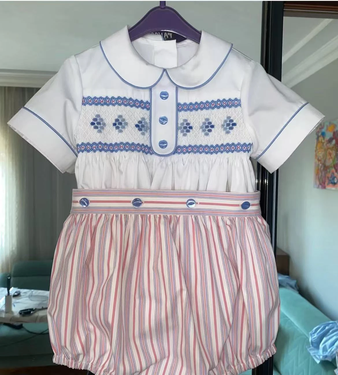 0-6Y Boy Summer Blue Rhombus Handmade Embroidery Smocked Outfit Suit for Party Birthday Holiday A118