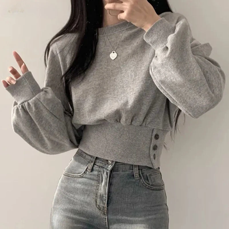 Sweatshirts Women Crop Sporty Leisure Autumn Ulzzang Buttons Design Baggy Defined Young Street Aesthetic Temper Daily V488