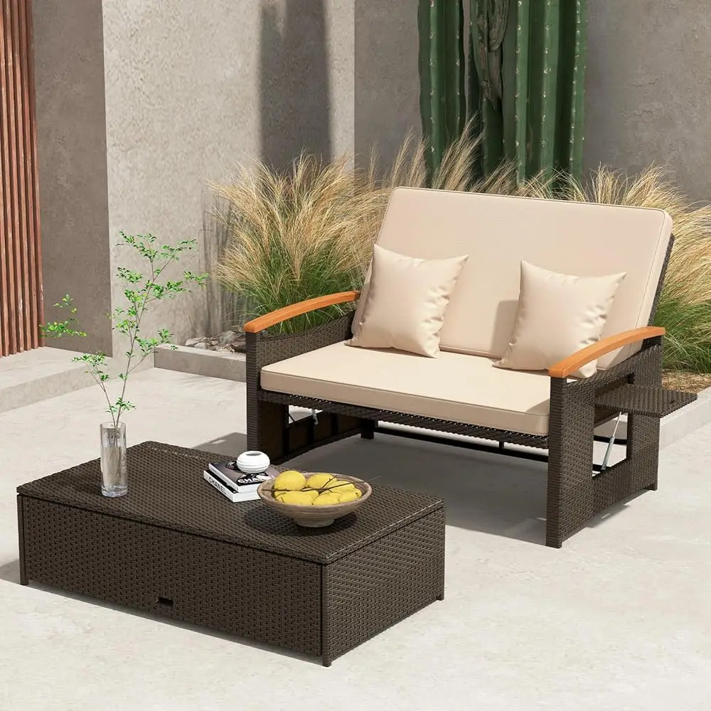 Patio Rattan Daybed Set With Cushioned Loveseat And Storage Ottoman, Outdoor Double Chaise Lounger With 4-Level Adjustable