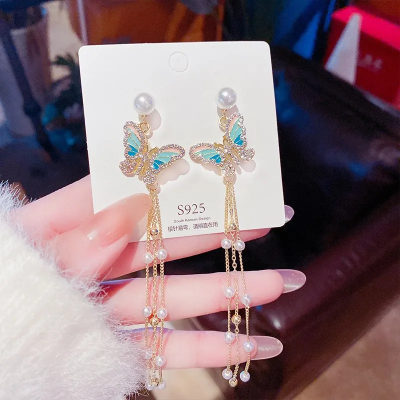 Sweet Butterfly Earrings High Sense Celebrity Style Long Style Pearl Tassels Show Face Thin Crystal Earrings Women's Ornament