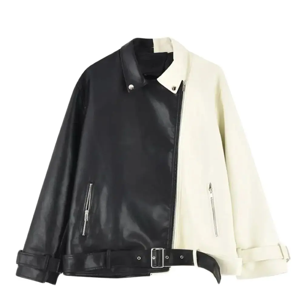 Casual Black And White Color Matching Womens Genuine Leather Jacket Spring Autumn Real Sheepskin Coat Female Chic Lady Outerwear