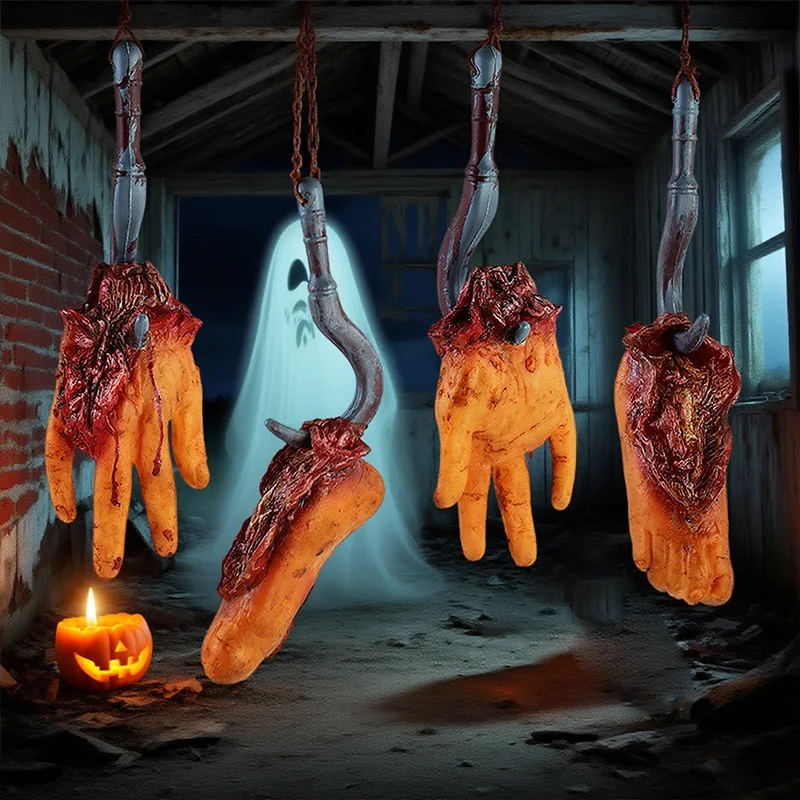 1set Halloween Bloody Foot Hands Fake Scary Severed Broken Body Parts With Hook For Halloween Party Hanging Decoration Props