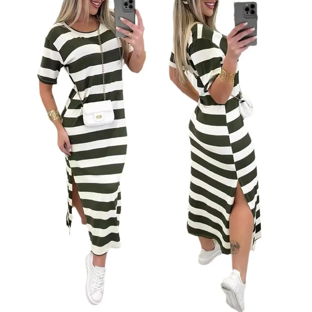 Striped Side Slit Casual Dress Women O Neck Short Sleeve High Waist Ankle Length Dress Summer Slim Fit