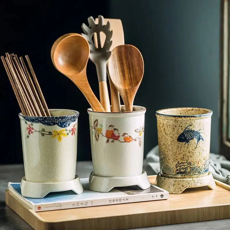 

Japanese-Style Ceramic Holder Draining Household Creative Kitchen Chopsticks Cage Storage Rack Restaurant Desktop