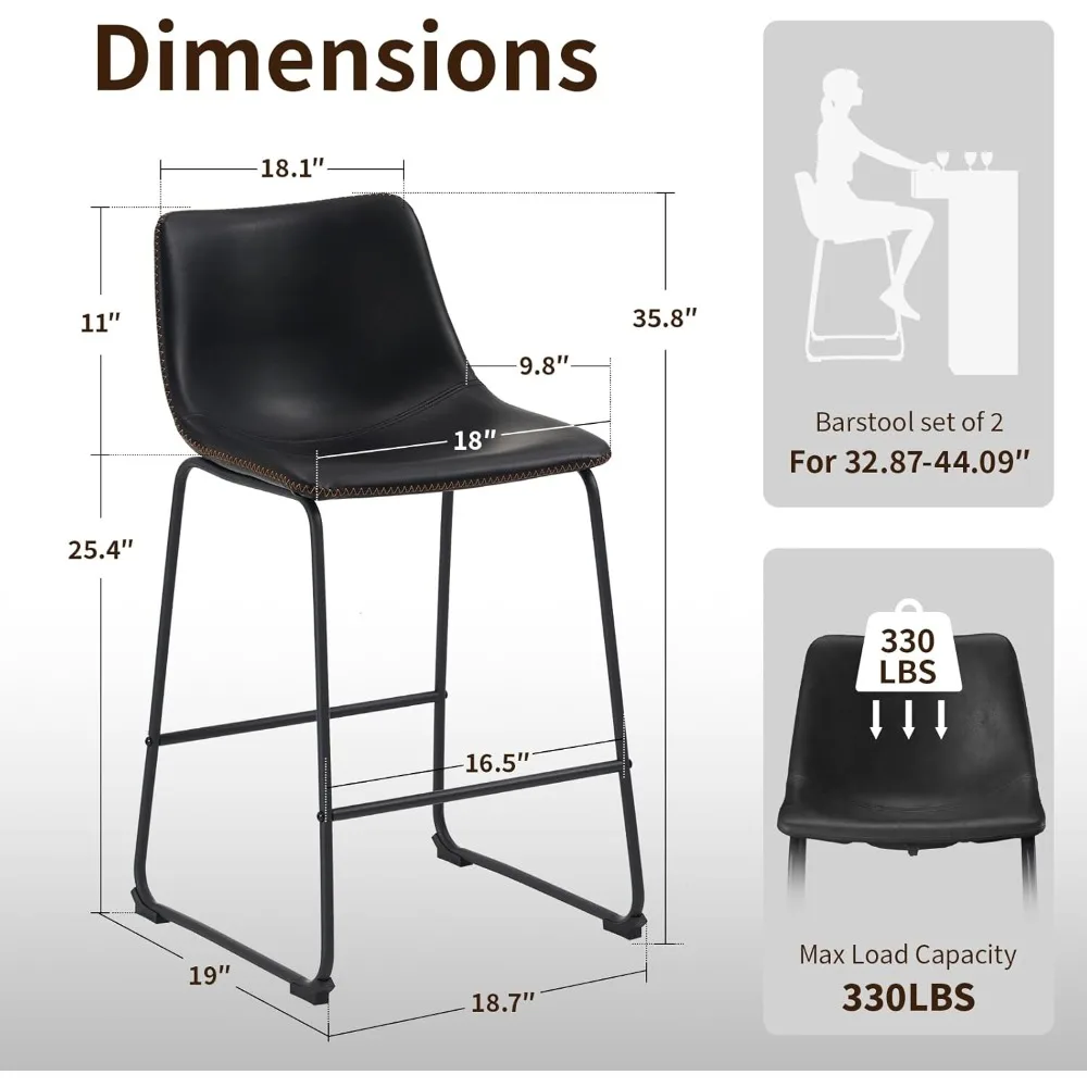مجموعة مقاعد بار بارتفاع عداد مكونة من 4 قطع، مقاعد للبار مقاس 26 بوصة مع ظهر وأرجل معدنية، كراسي بار جلدية حديثة من Crazy Horse للمطبخ
