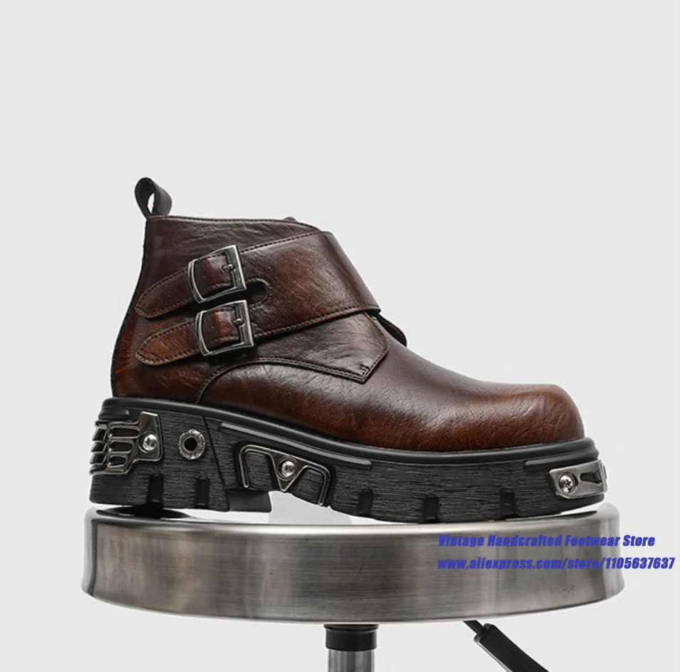Black Leather Gothic Men's Boots Dual Metal Buckle Strap Side Zipper Rivet Metal Decor Motorcycle Boots Handcrafted Men's Boots