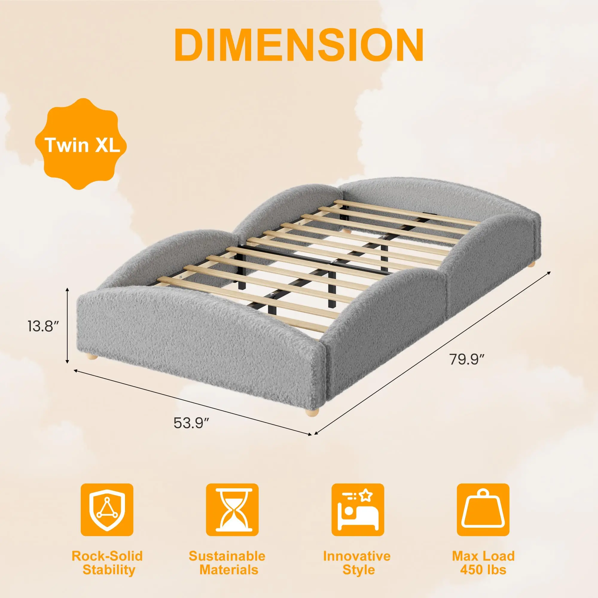 Cloud-Shaped Upholstered Twin/Twin XL Floor Daybed for Kids & Toddlers – Low Profile Educational Platform Bed with Raised Sides, Soft Soft Fabric – Light Grey/Pink
