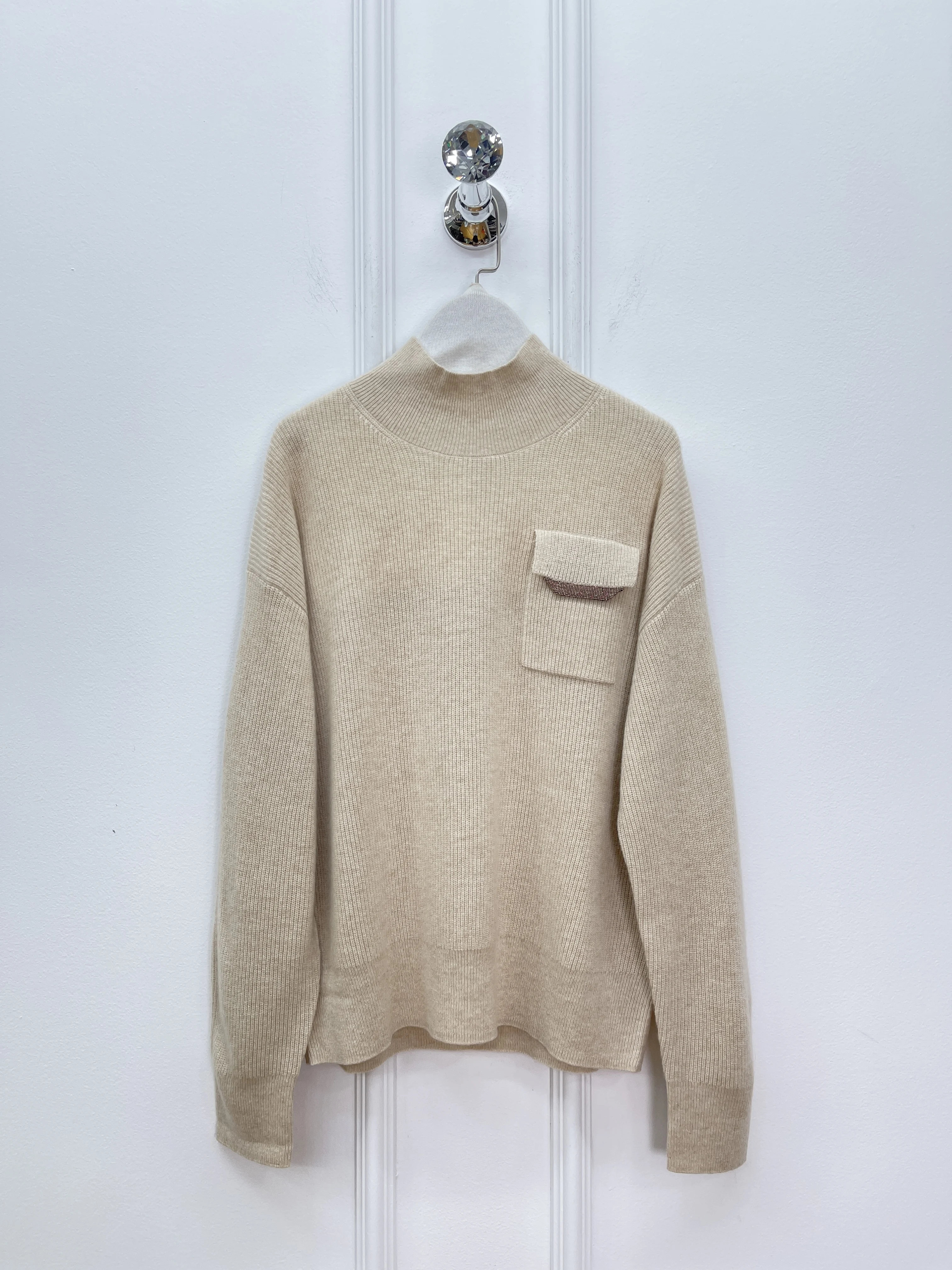 

2025 Autumn And Winter New High-Quality Beaded Pocket Decoration High Collar Temperament Commuter Sweater