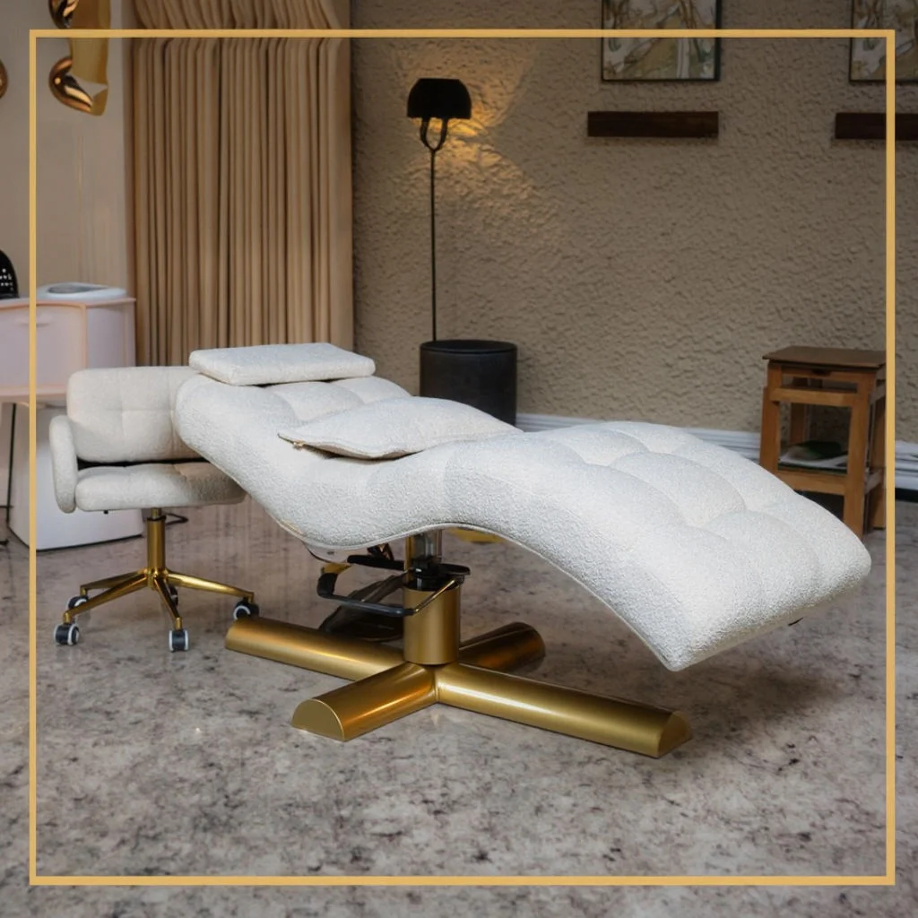 Hydraulic Pink Curved Lash Bed Tufted Ergonomic Facial Chair Gold Base Massage Table Esthetician Spa Salon Furniture