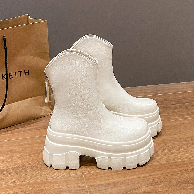 

Women's High Platform Motorcycles Boots Winter Black Warm Fur Snow Shoes 9CM Mid-calf Plush Short Boots Chunky Leather Sneakers