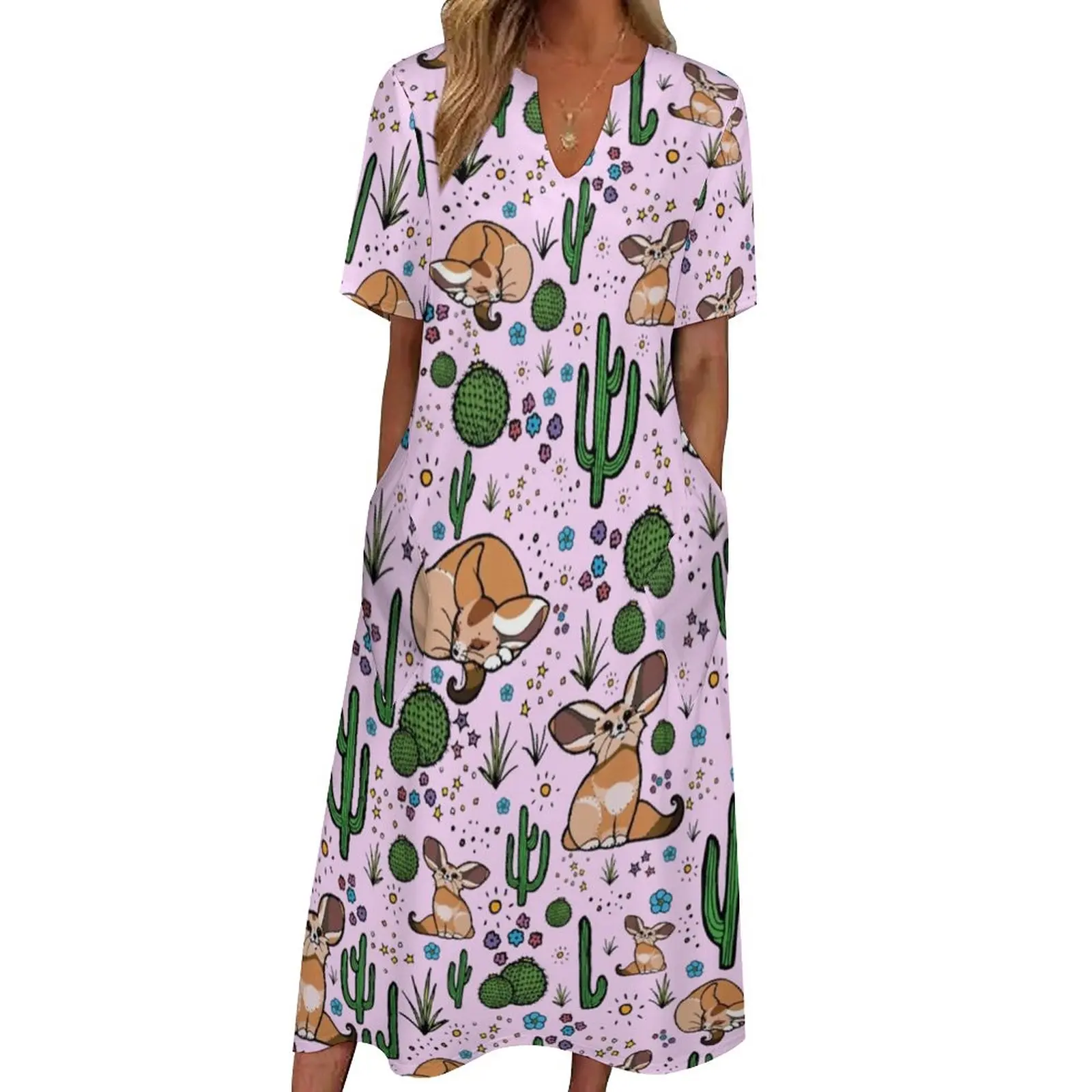 Fennec Fox Jurk Schattige Woestijnprint Nachtclub Maxi Jurk Esthetische Boho Strand Lange Jurken Korte Mouwen Ontwerp Oversized Vestido