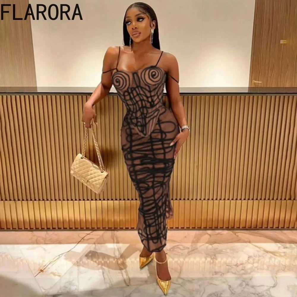 FLARORA Brown Sexy Mesh Perspective Skinky Skirts Two Piece Sets Woman Thin Strap Tops and Skirts Midnight Clubwear Party Suits