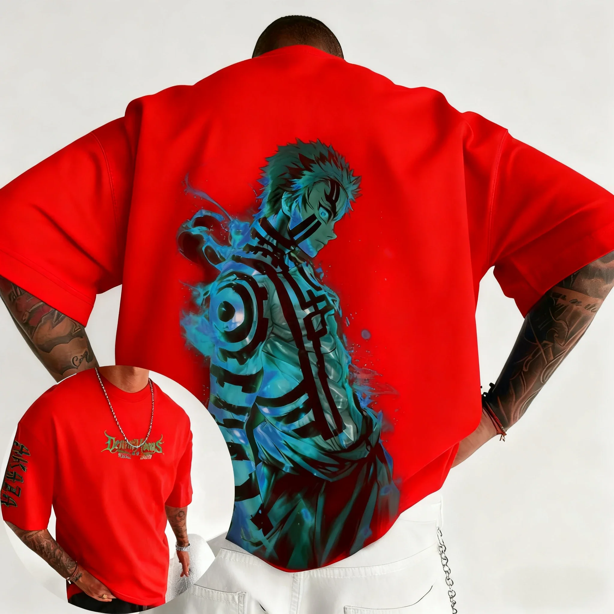 شيطان القاتل أنيمي أكازا مطبوعة القطن تي شيرت 2026 الرجال الصيف جديد الهيب هوب الأمريكية العصرية عادية اليومية Y2K الوالدين والطفل