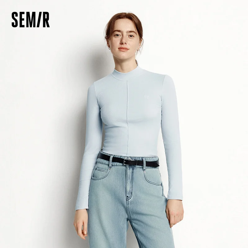 Semir Long Sleeve T-Shirt Women Mock Neck Thermal Slim Fit Brushed Fabric with Embroidery 2025 Winter New Base Layer