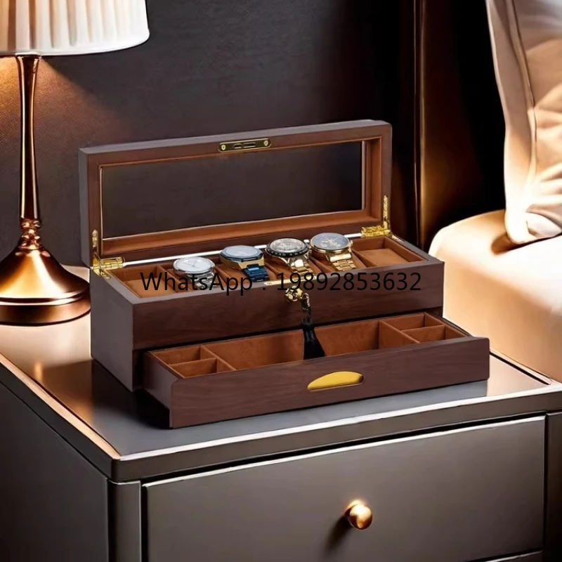 

Walnut watch box 6-gauge double-layer jewelry box with lock drawer mechanical watch storage display box
