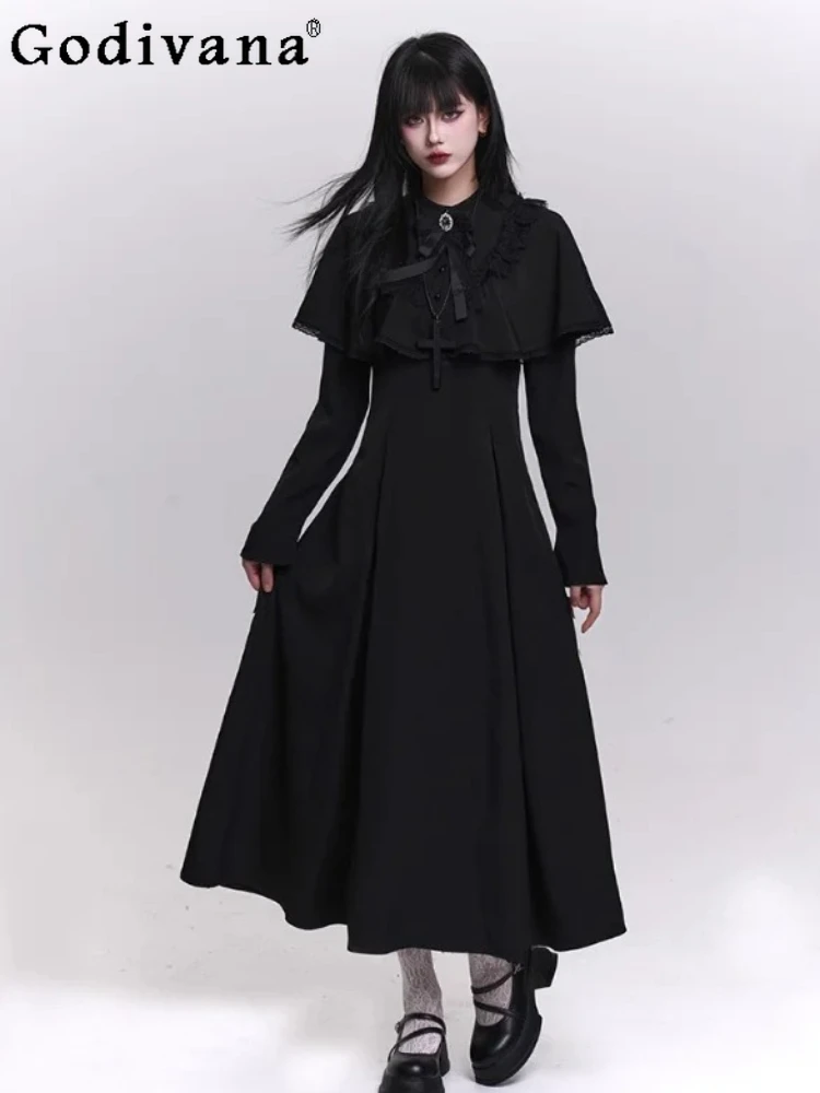 Autumn Winter Fashion High Waist Gothic Japanese Lace-up Black Dress Stand-up Collar Versatile Personality Long-sleeved Dresses