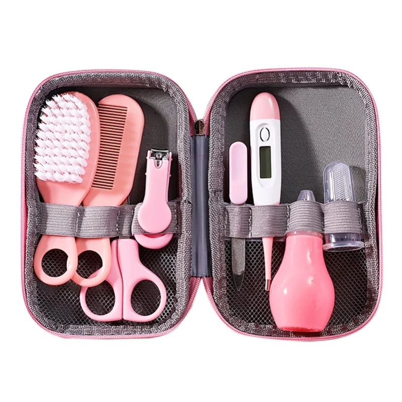 

Baby Health Grooming Set Nail Clipper Hair Brush Thermometer Nasal Aspirator Finger Toothbrush Infant Care Kit Pink