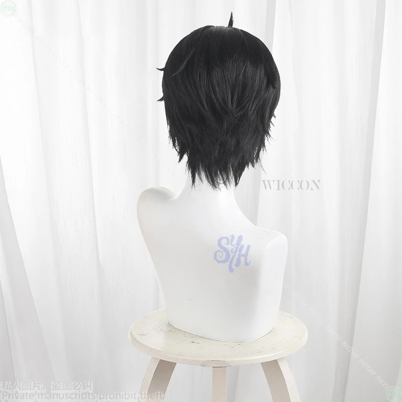 Wig Sintetis Hitam Pendek Anime Chitose-kun Wa Ramunebin No Naka Chitose Saku Cosplay DK untuk Pesta Halloween