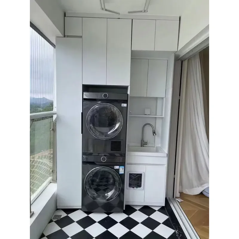Modern Farmhouse Design Integrated Storage Cabinet for Living Room Balcony Washing Machine Solid Wood Space Saving