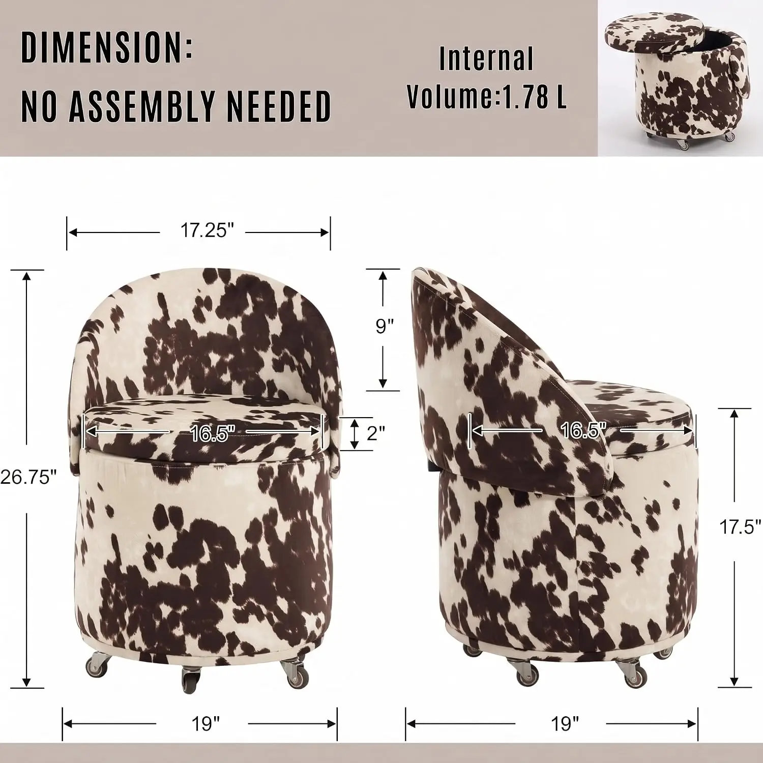 Cow Print Storage Ottoman with Wheels, Bedroom & Living Room Footrest Stool, Customized
