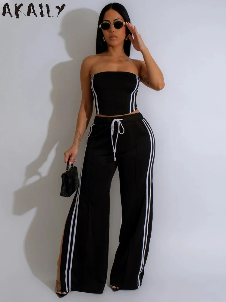 Akaily Fall Womens Side Stripe Patchwork 2 Piece Set Club Outfits 2024 Sexy Bodycon Tube Crop Top+Drawstring Wide Leg Pants Set