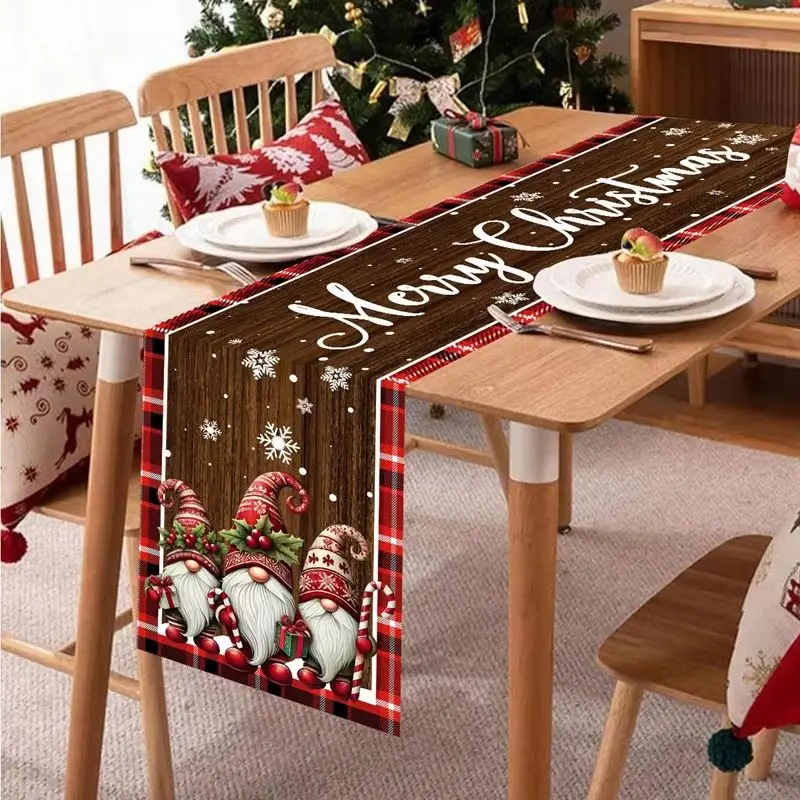 VIKAMA Christmas Table Runner Gnome Buffalo Plaid Wood Grain Dining Table Cover for Xmas Holiday Home Decoration