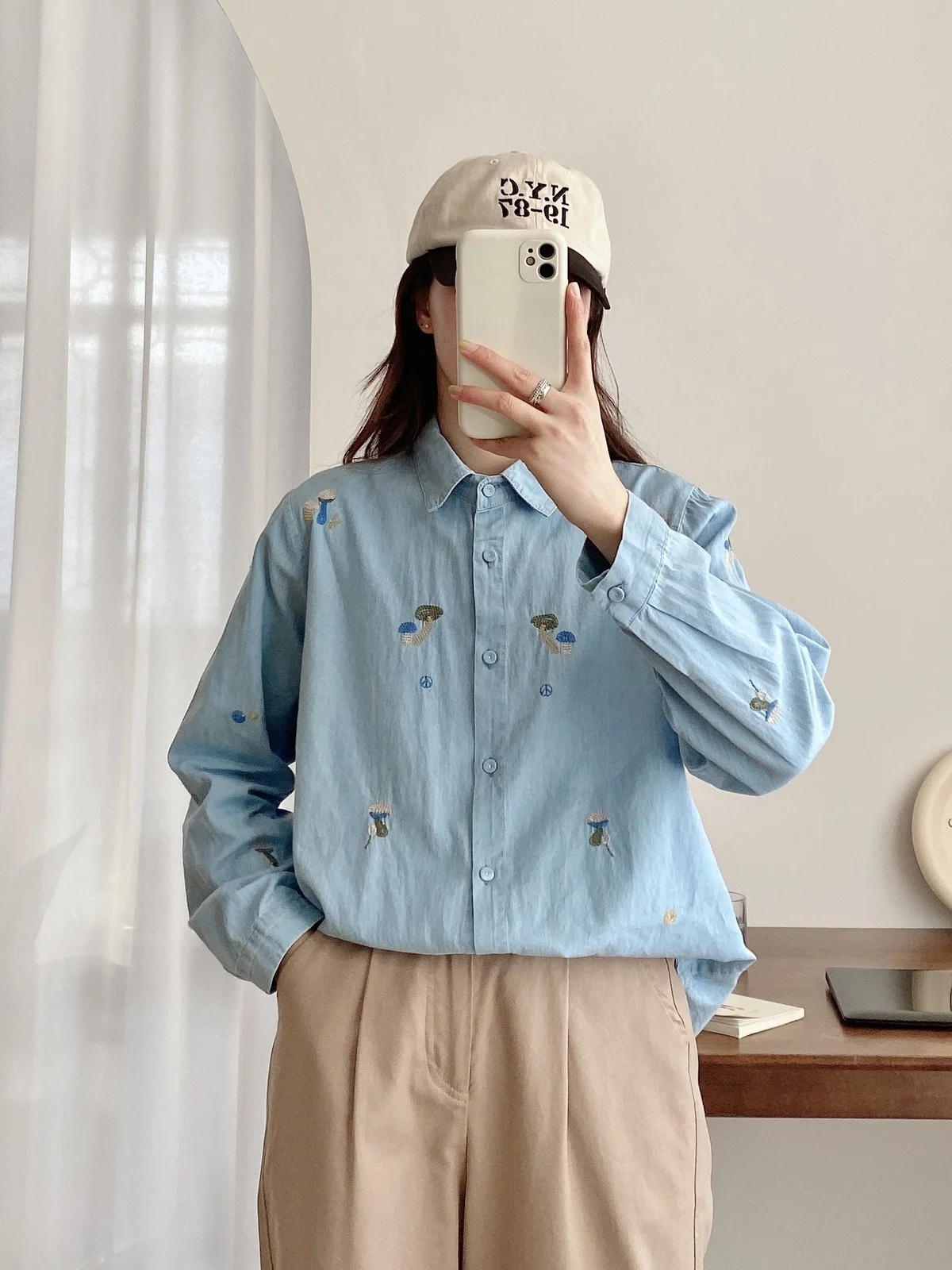 Women Korean Fashion Cartoon Mushroom Embroidered Denim Blouse Office Lady Button Up Jean Shirts Chic Blue Tops