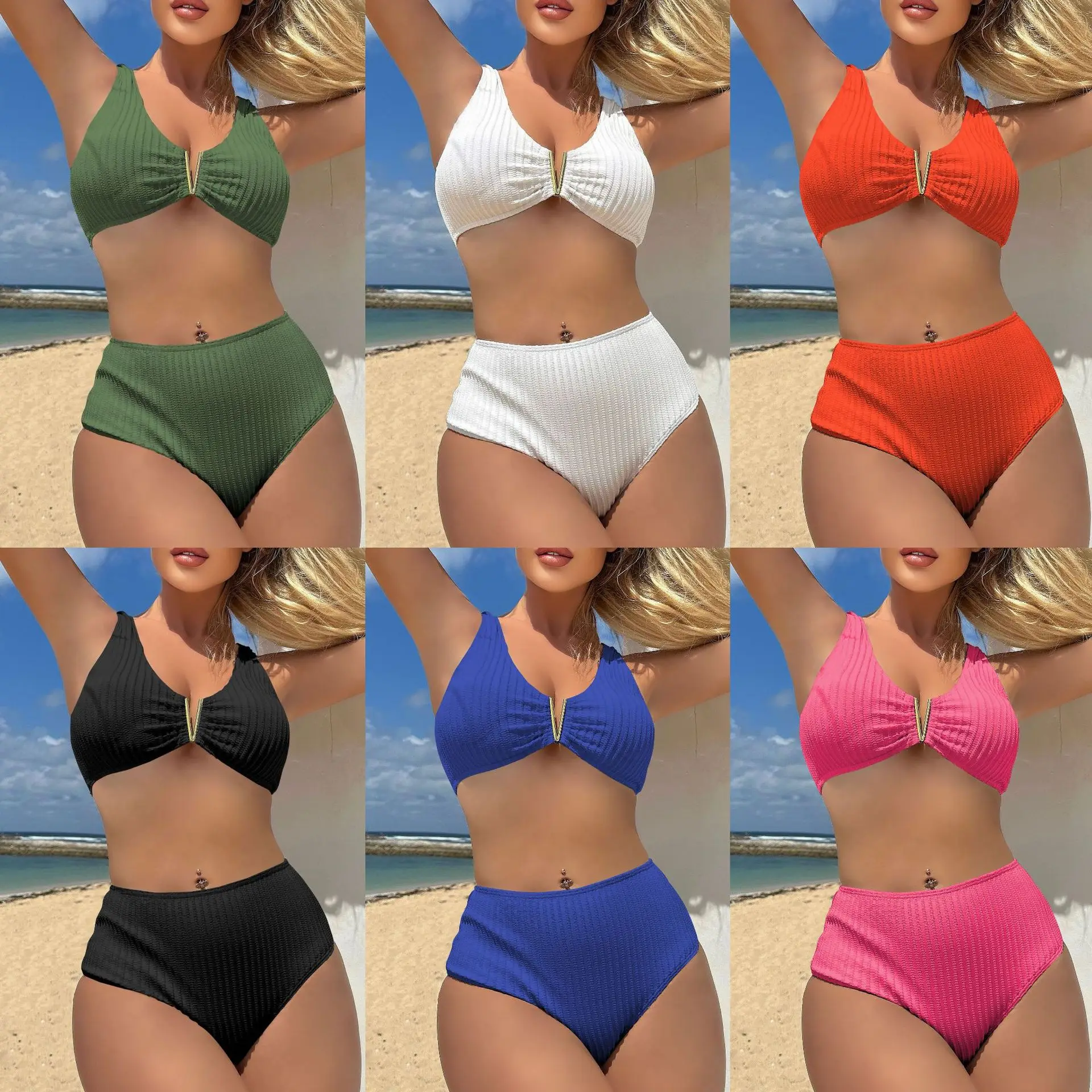 

New Solid Color Sexy Special Fabric High Waist Split Swimsuit Swimsuit