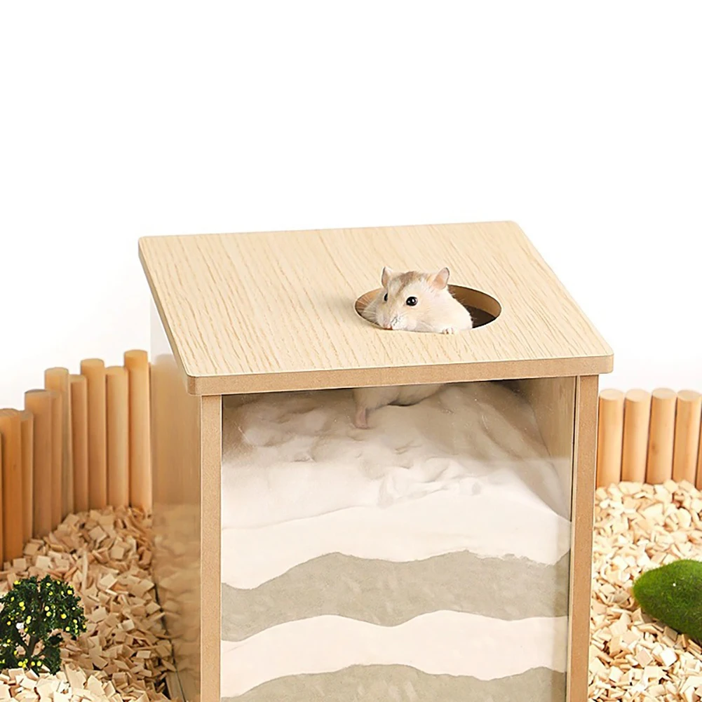 Hamster Sand Bath Box Wooden Shower House Chinchilla Digging Sand Bathtub Box Hole Landscaping Supplies Box