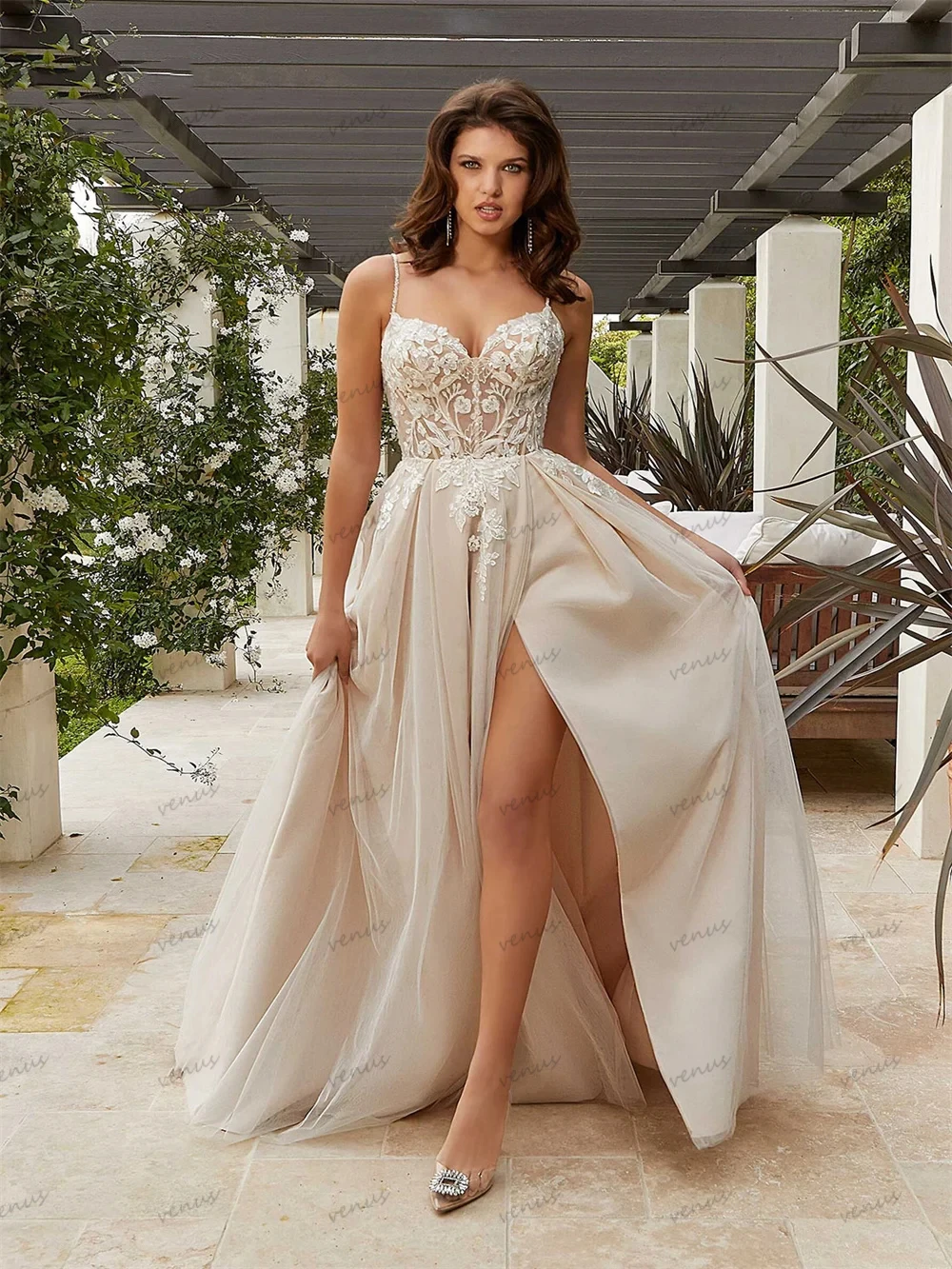 

Modern Wedding Dresses For Women 2024 A-Line Bridal Gowns Lace Appliques Satin Sexy Robes High Split Backless Vestidos De Novia