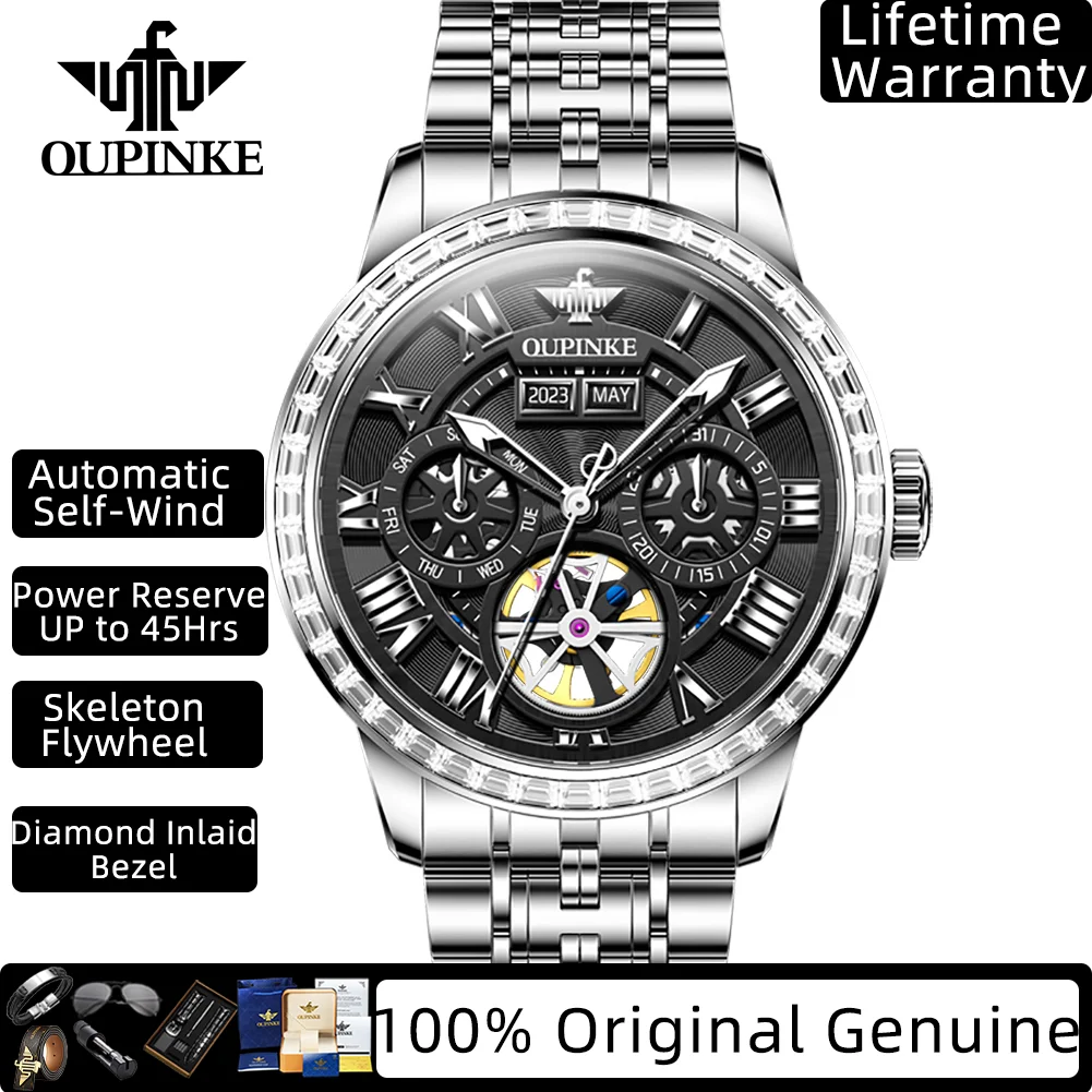 OUPINKE Luxury Men's Watches Diamond Bezel Hollowed Flywheel Multi-function Mechanical Man Watch Classic Business Watch Men 3252