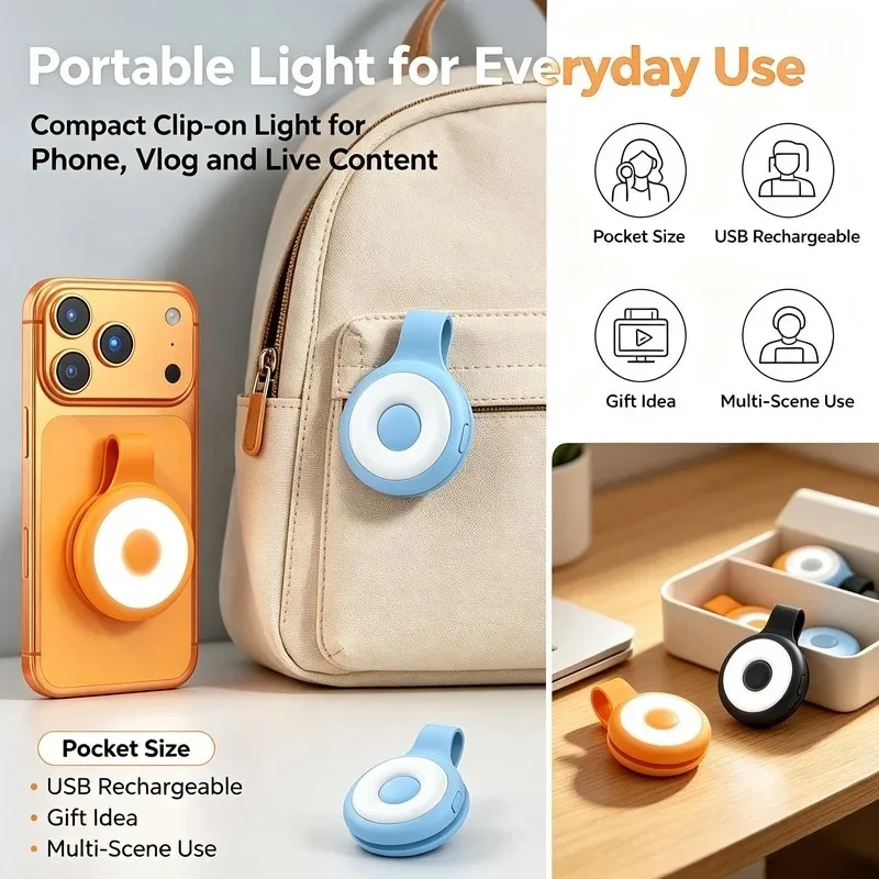 Portable Magnetic Phone Light, LED Selfie Fill Light with Clip 3 Color Modes for Vlog Live Stream Photography