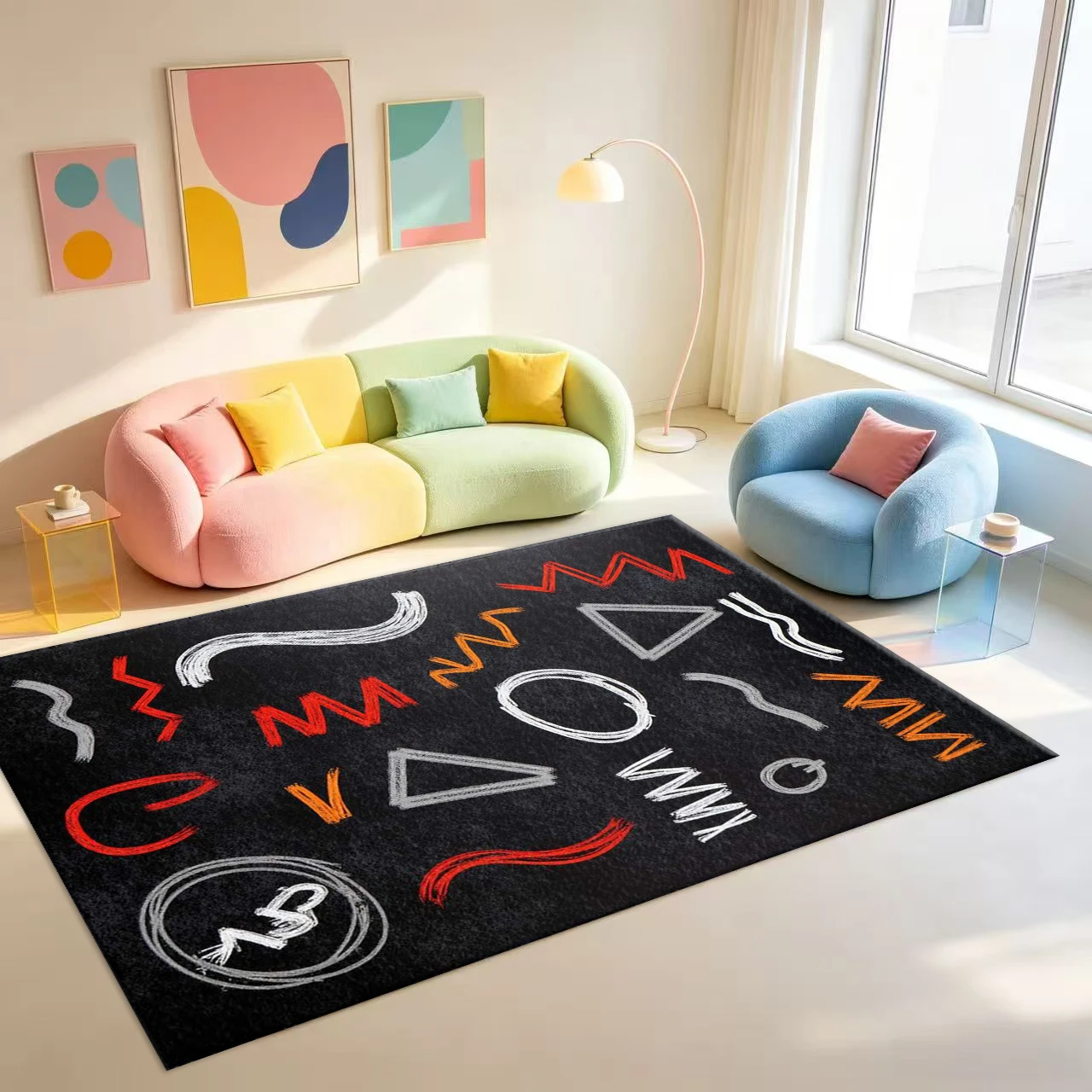 Chalk Hand-drawn Graffiti Art Pattern Carpet Flooring Creative Abstract Print Area Rug For Home Living Room Indoor Floor Decoration