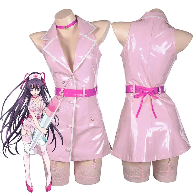 

Anime DATE A LIVE Yatogami Tohka Pink PU Leather Dress Anime Cosplay Costumes Sexy Woman Nurse Uniform Suit Halloween Dresses
