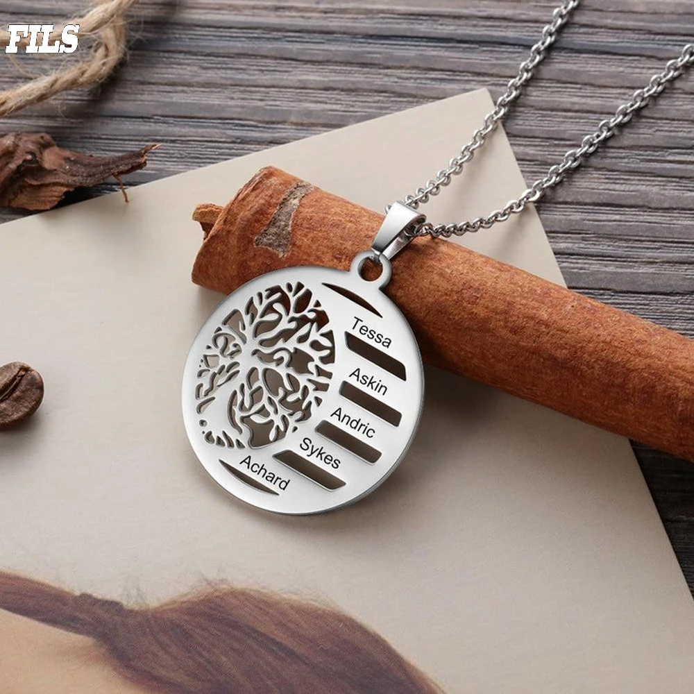 

Tree Of Life Pendant Necklace Women Stainless Steel Custom Engraved 1-5 Names Round Silver Necklaces Christmas gifts for Family