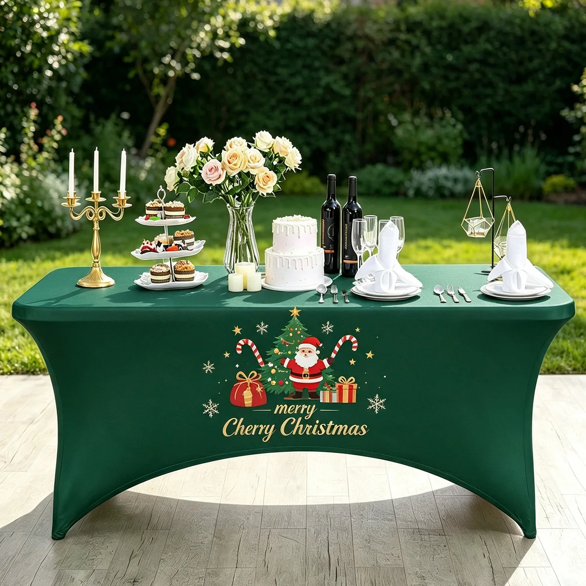 Merry Christmas Stretch Spandex Table Cover Fitted Rectangular Elastic Tablecloth Santa Xmas For Wedding Banquet Cocktail Party