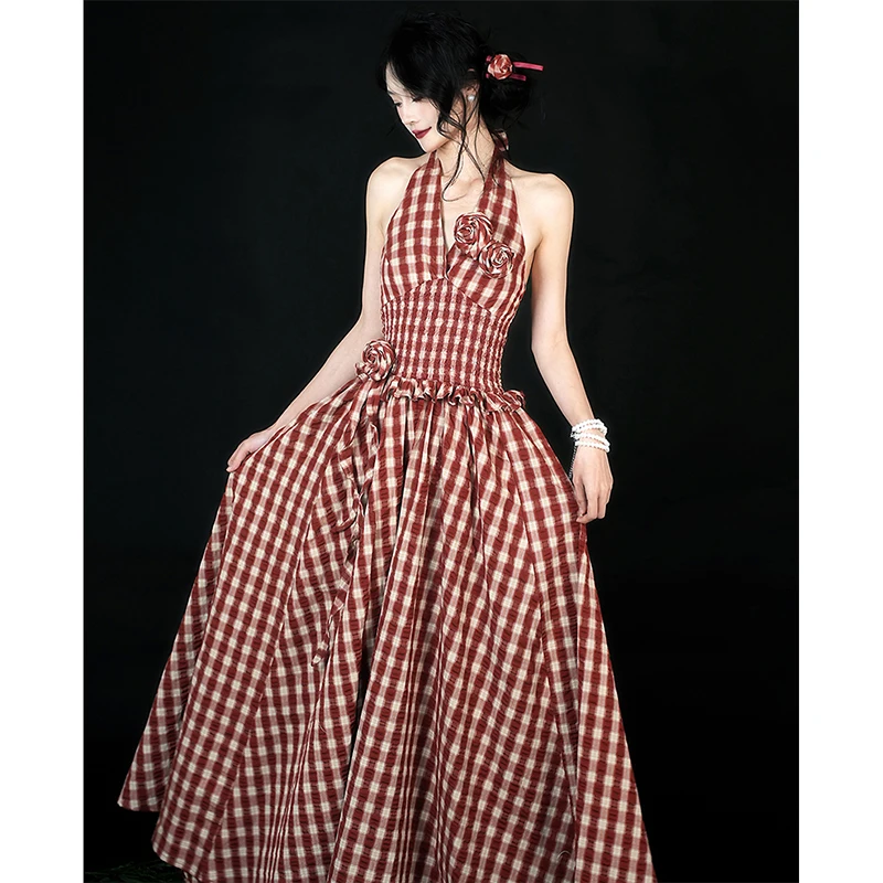 Mexzt vintage xadrez vestido longo feminino férias praia sexy halter floral maxi vestidos de verão coreano sem costas bodycon vestidos novo