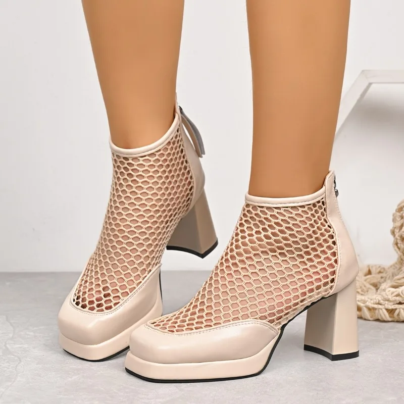 أحذية تبريد شبكية قابلة للتنفس، أحذية عصرية بمقدمة مربعة وسحاب خلفي، أحذية بكعب غير قابلة للانزلاق #2