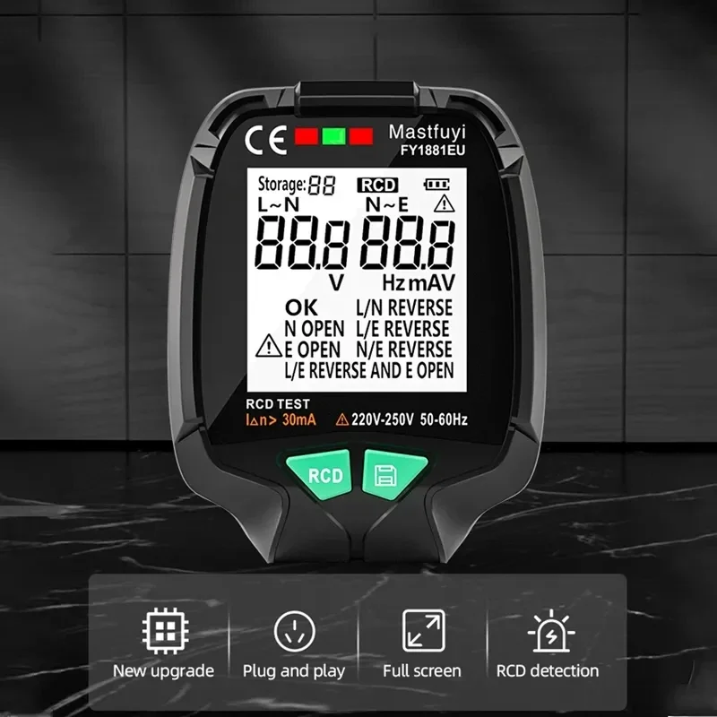Imagem -02 - Mastfuyu Testador de Soquete Tela Cheia Terra Zero Testador de Tensão ac 30v250v Rcd Teste Plug Polaridade Fase Verificação ue Eua Reino Unido Plug