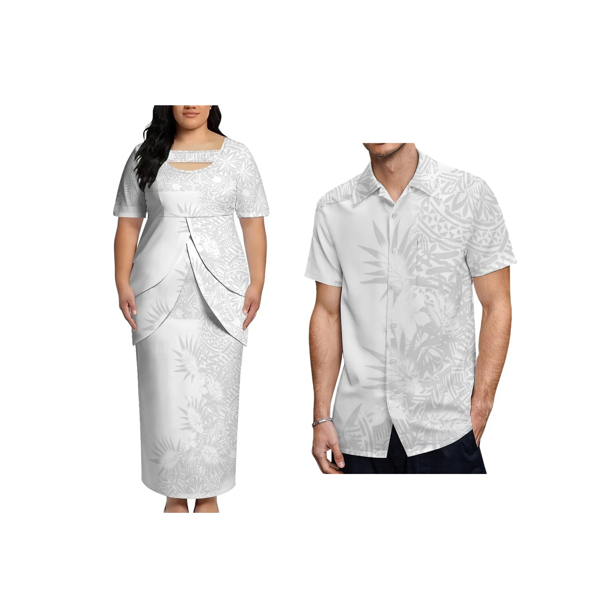 

Ladies Custom logo Plus Size White Sunday Island Tribal Print Dress with Samoan Puletasi Dress Pacific Islander Print Two Piece