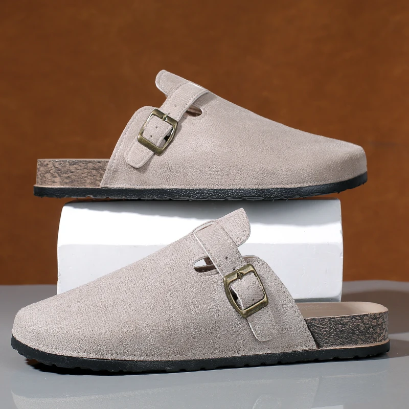 

Модные мужские замшевые мюли-шлепанцы, новые мужские сабо с пробковой стелькой, сандалии с поддержкой свода стопы, уличные пляжные шлепанцы, домашняя обувь