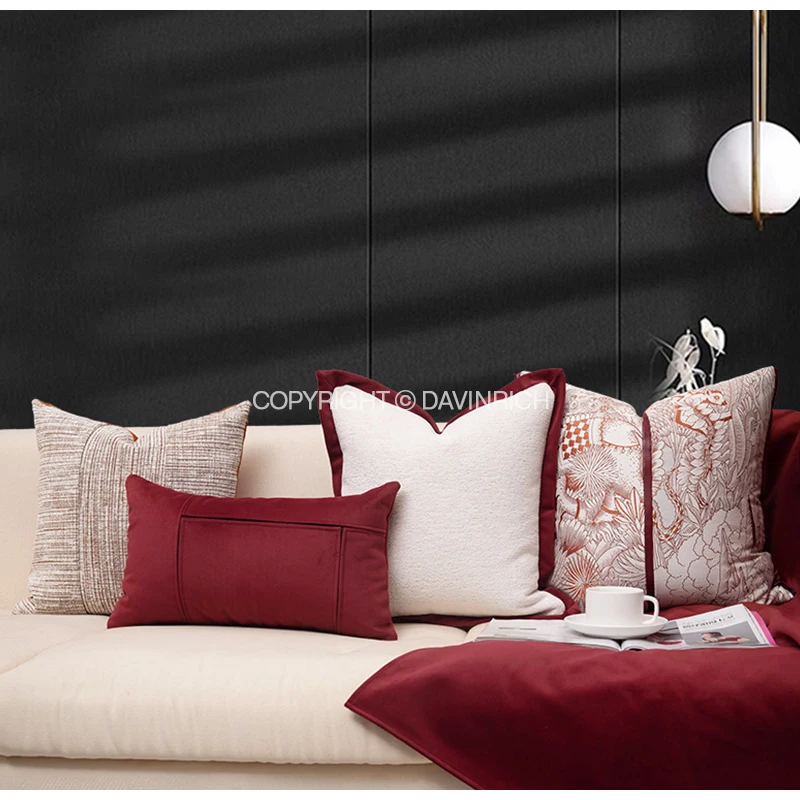 DAVINRICH Luxury Royal Red Large Headboard Cushion Cover Unique Design Fantasy Forest Theme Pattern Jacquard Pillow Case 50x50cm